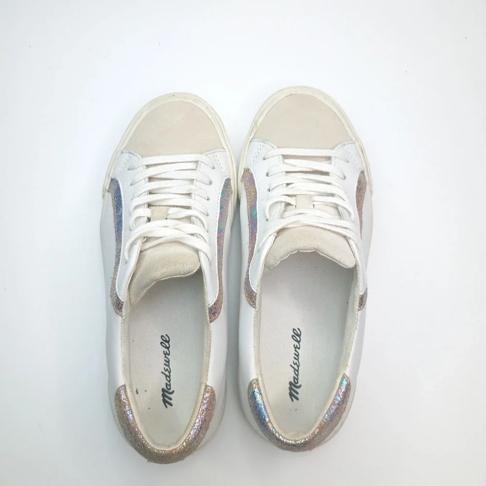 Madewell Sidewalk Low Top Sneakers White Leather Iridescent Glitter MB856 Sz 7.5